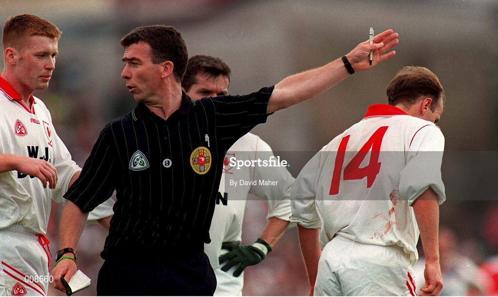 30 June 1996; Referee Pat McEneaney sends off Tyrone's Peter Canavan, 14, during the Bank of Ireland Ulster Senior Football Championship Semi-Final match between Tyrone and Derry at St Tiernach's Park in Clones, Monaghan. Photo by David Maher/Sportsfile