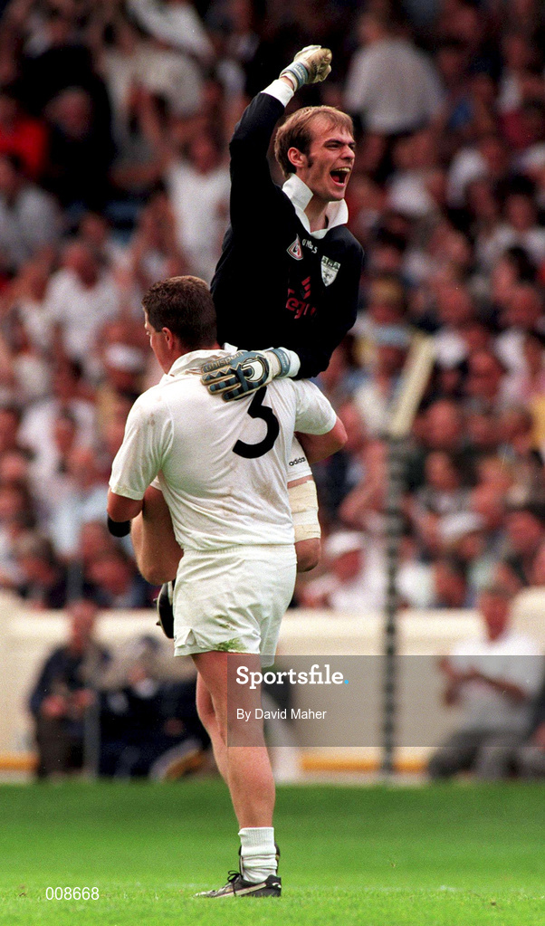 21 June 1998; Kildare goalkeeper Paul Flood celebrates with team-mate Shane Sutton following their victory in the Leinster Junior Football Championship at at Croke Park in Dublin. Photo by David Maher/Sportsfile