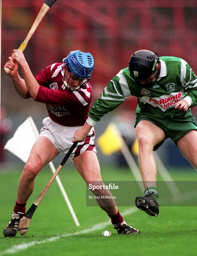 17 March 1997; Paul Hardiman of Naomh Mhuire Athenry in action against Frank Lohan of Wolfe Tones during the AIB All-Ireland Senior Club Hurling Championship Final match between Naomh Mhuire Athenry, Galway, and Wolfe Tones, Clare, at Croke Park in Dublin. Photo by Ray McManus/Sportsfile