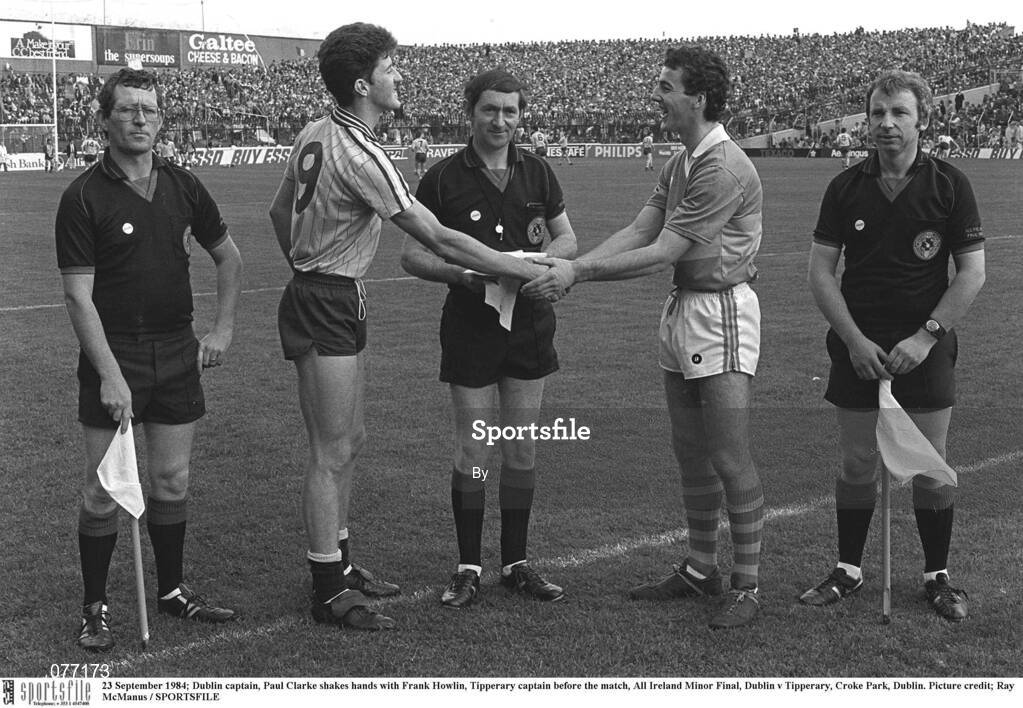 23 September 1984; Dublin captain, Paul Clarke shakes hands with Frank Howlin, Tipperary captain before the match, All Ireland Minor Football Final, Dublin v Tipperary, Croke Park, Dublin. Picture credit; Ray McManus / SPORTSFILE