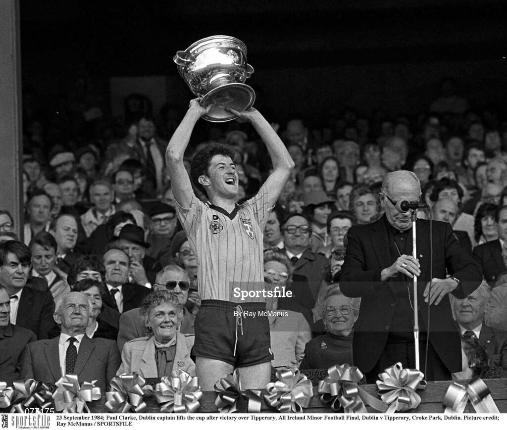 23 September 1984; Dublin captain Paul Clarke lifts the cup after victory over Tipperary following the All Ireland Minor Football Final match between Dublin and Tipperary at Croke Park in Dublin. Photo by Ray McManus/Sportsfile