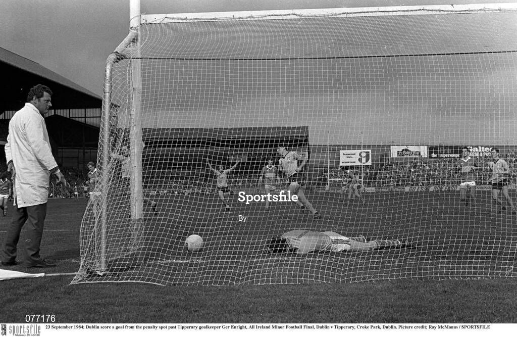 23 September 1984; Dublin score a goal from the penalty spot past Tipperary goalkeeper Ger Enright, All Ireland Minor Football Final, Dublin v Tipperary, Croke Park, Dublin. Picture credit; Ray McManus / SPORTSFILE