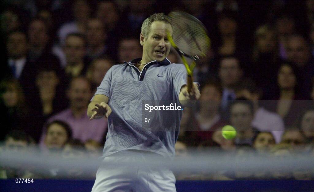 22 February 2001; Defending champion John McEnroe in action against Bjorn Borg. KPMG Tennis Challenge / ATP Tour of Champions, The Point Depot, Dublin. Picture credit; Brendan Moran/SPORTSFILE *(EDI)*