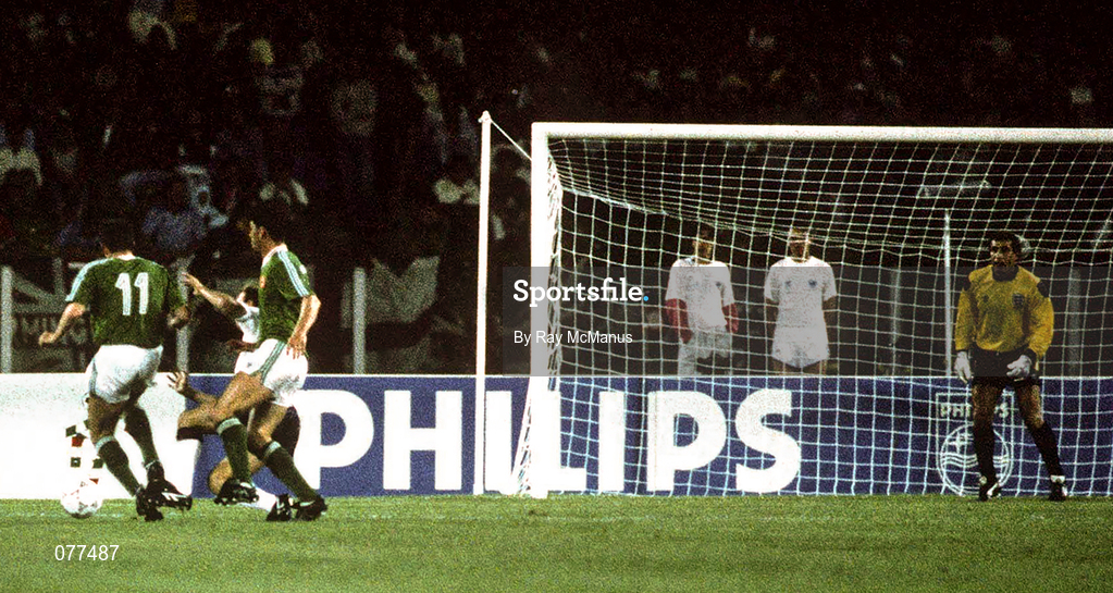 11 June 1990; Kevin Sheedy, 11, of Republic of Ireland, passes the challenge of Gary Stevens of England on his way to scoring his side's first goal during the FIFA World Cup 1990 Group F match between England and Republic of Ireland at Stadio Sant'Elia in Cagliari, Italy. Photo by Ray McManus/Sportsfile