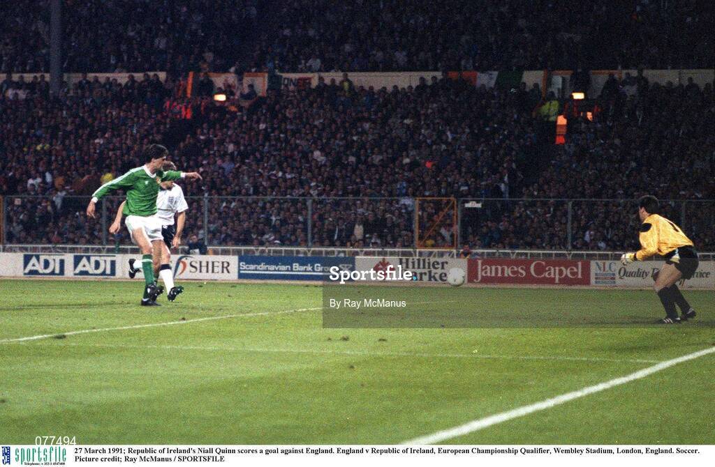 27 March 1991; Republic of Ireland's Niall Quinn scores a goal against England. England v Republic of Ireland, European Championship Qualifier, Wembley Stadium, London, England. Soccer. Picture credit; Ray McManus / SPORTSFILE
