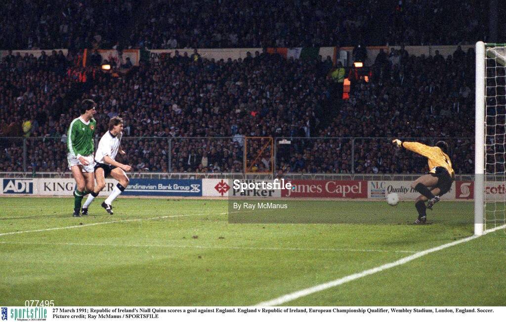 27 March 1991; Republic of Ireland's Niall Quinn scores a goal against England. England v Republic of Ireland, European Championship Qualifier, Wembley Stadium, London, England. Soccer. Picture credit; Ray McManus / SPORTSFILE