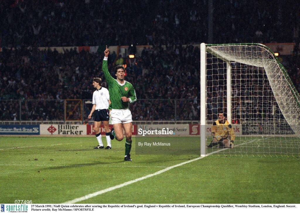 27 March 1991; Niall Quinn celebrates after scoring the Republic of Ireland's goal. England v Republic of Ireland, European Championship Qualifier, Wembley Stadium, London, England. Soccer. Picture credit; Ray McManus / SPORTSFILE