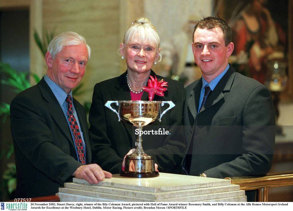 30 November 2001; Stuart Darcy, right, winner of the Bily Coleman Award, pictured with Hall of Fame Award winner Rosemary Smith, and Billy Coleman at the Alfa Romeo Motorsport Ireland Awards for Excellence at the Westbury Hotel, Dublin. Motor Racing. Picture credit; Brendan Moran / SPORTSFILE