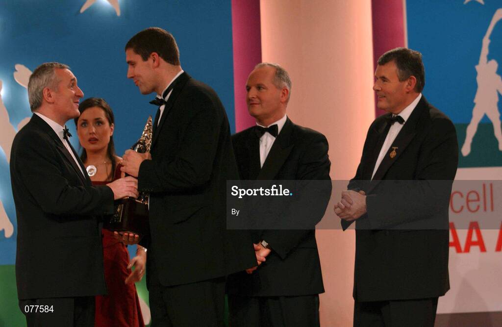 30 November 2001; Kevin Walsh, Galway receives his award from An Taoiseach Bertie Ahern TD, Paul Donovan, Chief Executive, Eircell Vodafone and Sean McCague, President, Cumann Luthchleas Gael, at the Eircell Vodafone AllStar Awards at the CityWest Hotel, Dublin. Football. Picture credit; Ray McManus / SPORTSFILE *EDI*