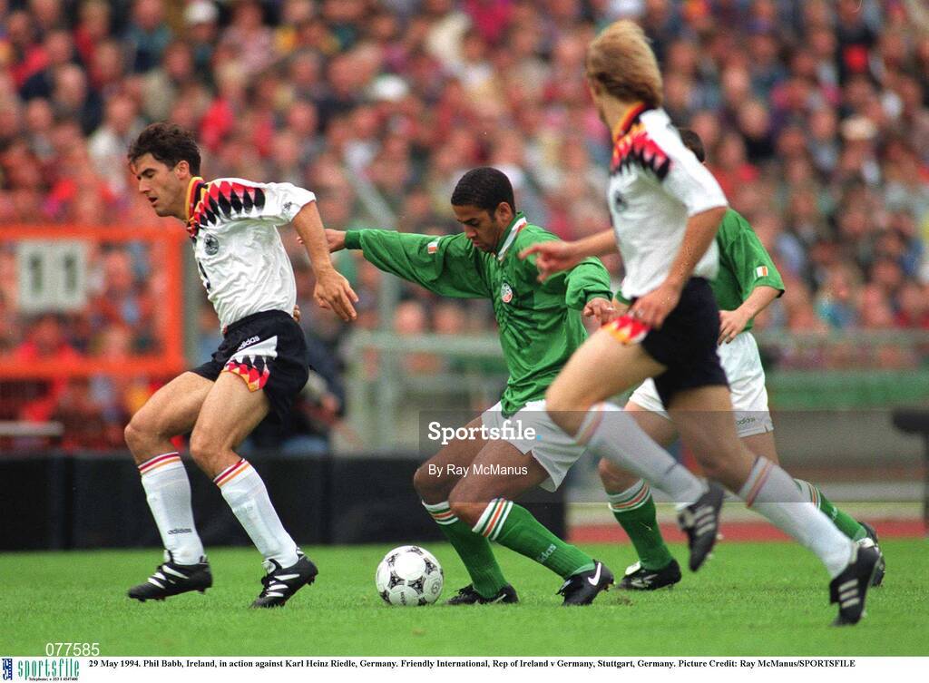 29 May 1994. Phil Babb, Ireland, in action against Karl Heinz Riedle, Germany. Friendly International, Rep of Ireland v Germany, Stuttgart, Germany. Picture Credit: Ray McManus/SPORTSFILE