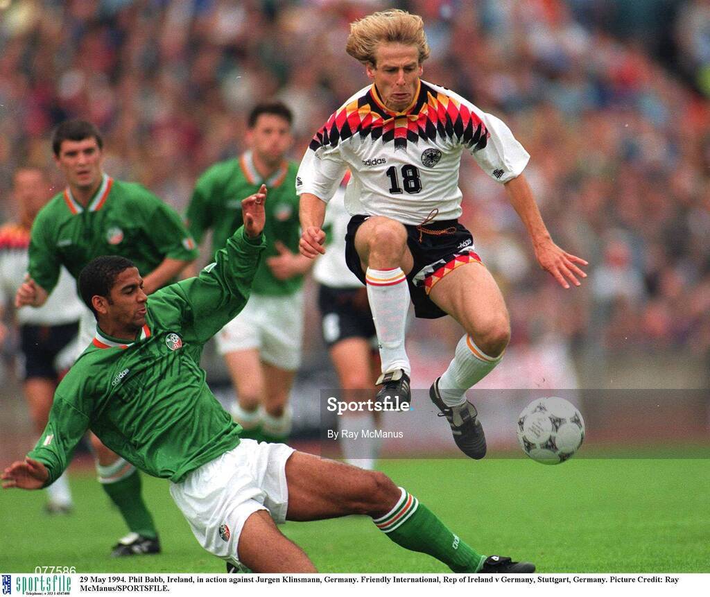 29 May 1994; Phil Babb, Republic of Ireland, in action against Jurgen Klinsmann, Germany. Friendly International, Rep of Ireland v Germany, Stuttgart, Germany. Picture credit: Ray McManus/SPORTSFILE