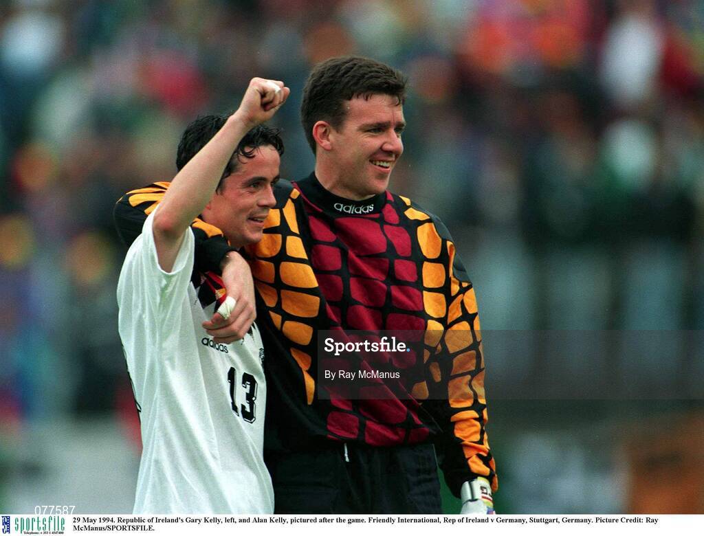 29 May 1994. Republic of Ireland's Gary Kelly, left, and Alan Kelly, pictured after the game. Friendly International, Rep of Ireland v Germany, Stuttgart, Germany. Picture Credit: Ray McManus/SPORTSFILE.