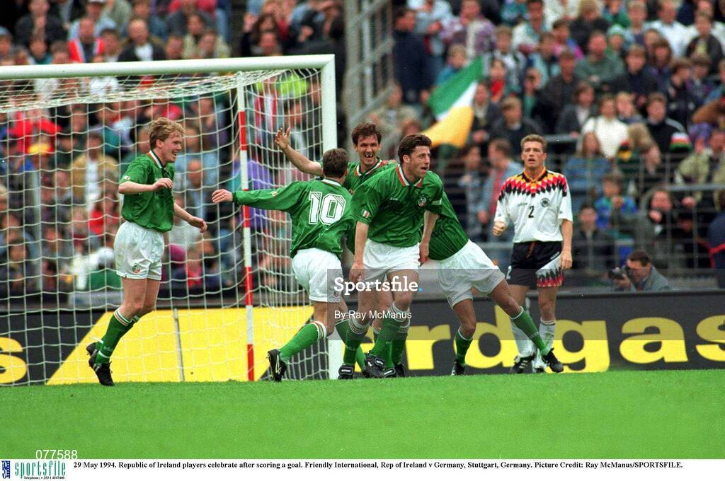 29 May 1994. Republic of Ireland players celebrate after scoring a goal. Friendly International, Rep of Ireland v Germany, Stuttgart, Germany. Picture Credit: Ray McManus/SPORTSFILE.