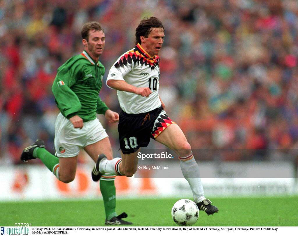 29 May 1994. Lothar Matthaus, Germany, in action against John Sheridan, Ireland. Friendly International, Rep of Ireland v Germany, Stuttgart, Germany. Picture Credit: Ray McManus/SPORTSFILE.