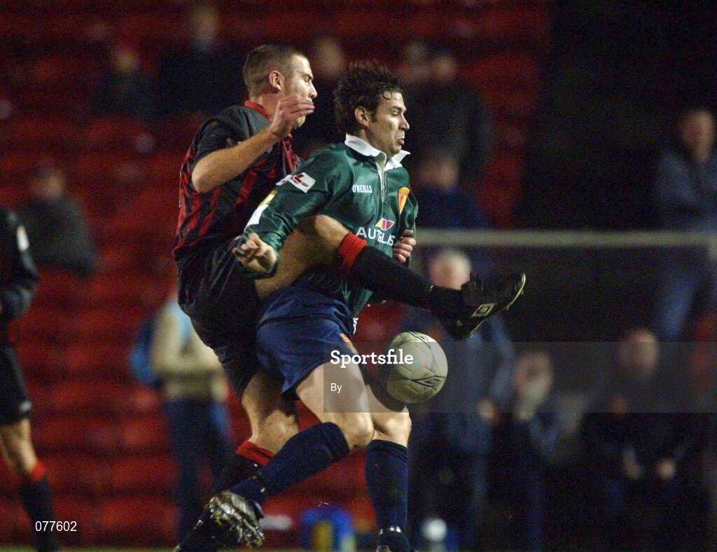 30 November 2001; Stephen Caffrey, Bohemians, in action against Liam Kelly, St.Patrick's Athletic. eircom League Premier Division, Bohemians v St. Patrick's Athletic, Dalymount Park, Dublin. Soccer. Picture credit; David Maher / SPORTSFILE *EDI*