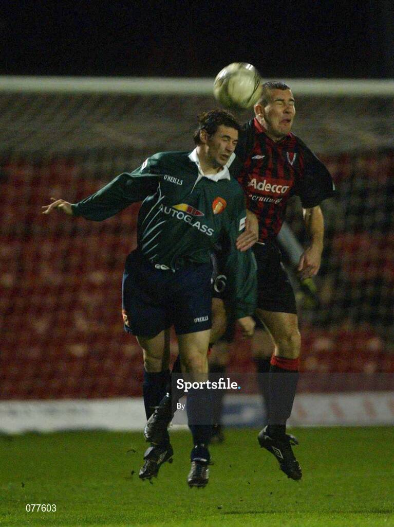30 November 2001; Stephen Caffrey, Bohemians, in action against Liam Kelly, St.Patrick's Athletic. eircom League Premier Division, Bohemians v St. Patrick's Athletic, Dalymount Park, Dublin. Soccer. Picture credit; David Maher / SPORTSFILE *EDI*