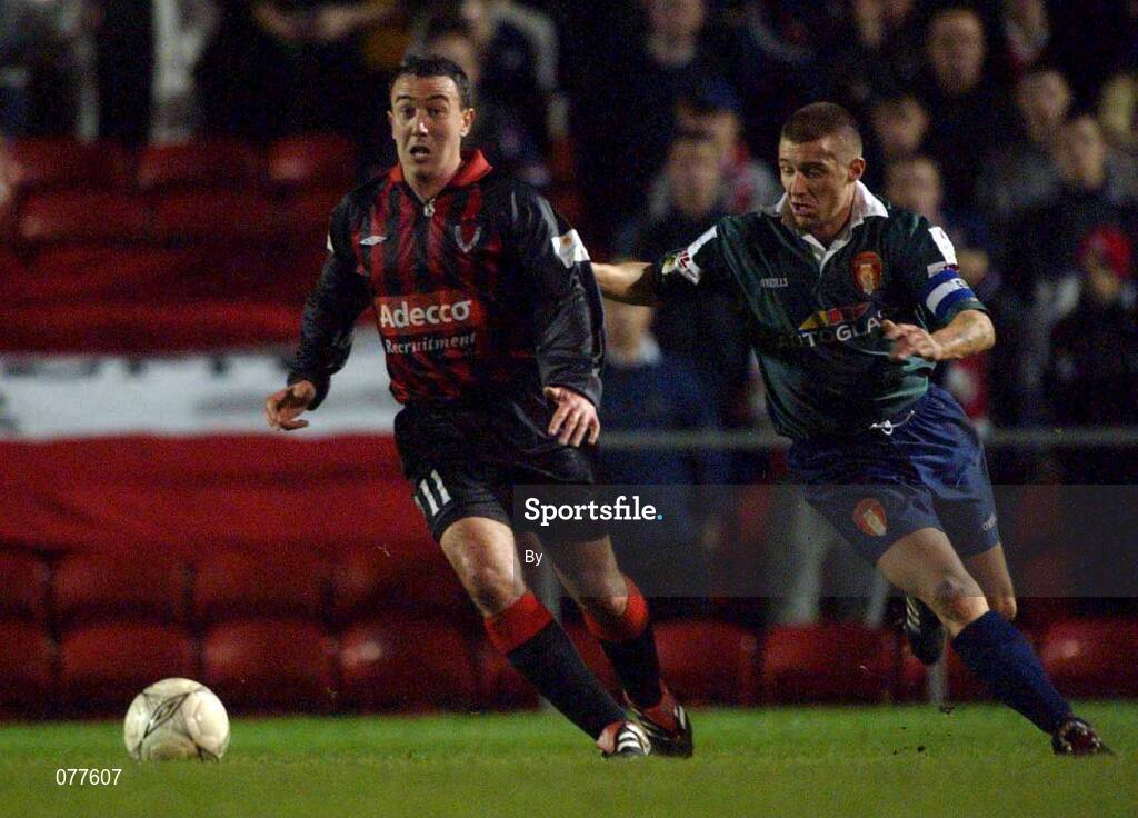30 November 2001; Mark Dempsey, Bohemians, in action against Trevor Croly, St.Patrick's Athletic. eircom League Premier Division, Bohemians v St. Patrick's Athletic, Dalymount Park, Dublin. Soccer. Picture credit; David Maher / SPORTSFILE *EDI*
