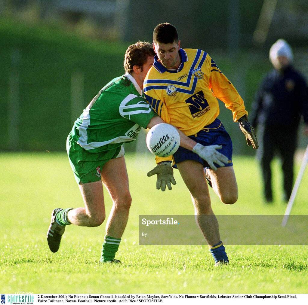 2 December 2001; Na Fianna's Senan Connell, is tackled by Brian Moylan, Sarsfields. Na Fianna v Sarsfields, Leinster Senior Club Championship Semi-Final, Pairc Tailteann, Navan. Football. Picture credit; Aoife Rice / SPORTSFILE