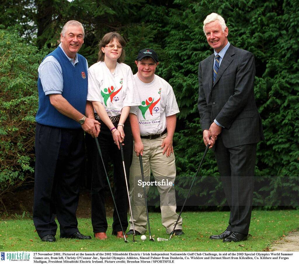27 November 2001; Pictured at the launch of the 2002 Mitsubishi Electric / Irish Independent Nationwide Golf Club Challenge, in aid of the 2003 Special Olympics World Summer Games are, from left, Christy O'Connor Jnr., Special Olympics Athletes, Sinead Palmer from Dunlavin, Co. Wicklow and Dermot Short from Kilcullen, Co. Kildare and Fergus Madigan, President Mitsubishi Electric Ireland. Picture credit; Brendan Moran / SPORTSFILE