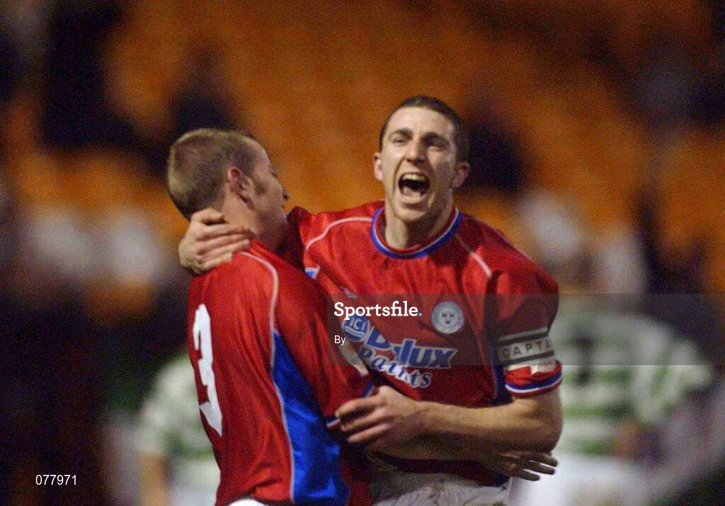 7 December 2001; Shelbourne players, Jonathan  Minnock and Owen Heary, celebrate after their team-mate Jim Gannon had scored  his sides first goal. eircom League Premier Division, Shelbourne v Shamrock Rovers, Tolka park, Dublin. Soccer. Picture credit; David Maher / SPORTSFILE *EDI*