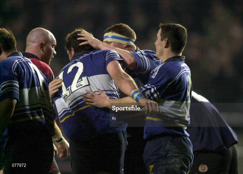 7 December 2001; Try scorer Shane Horgan is congratulated by team-mates Paul Wallace and Brian O'Meara. Leinster v Glasgow, Celtic League, Semi Final, Lansdowne Road, Dublin. Rugby. Picture credit; Matt Browne / SPORTSFILE *EDI*
