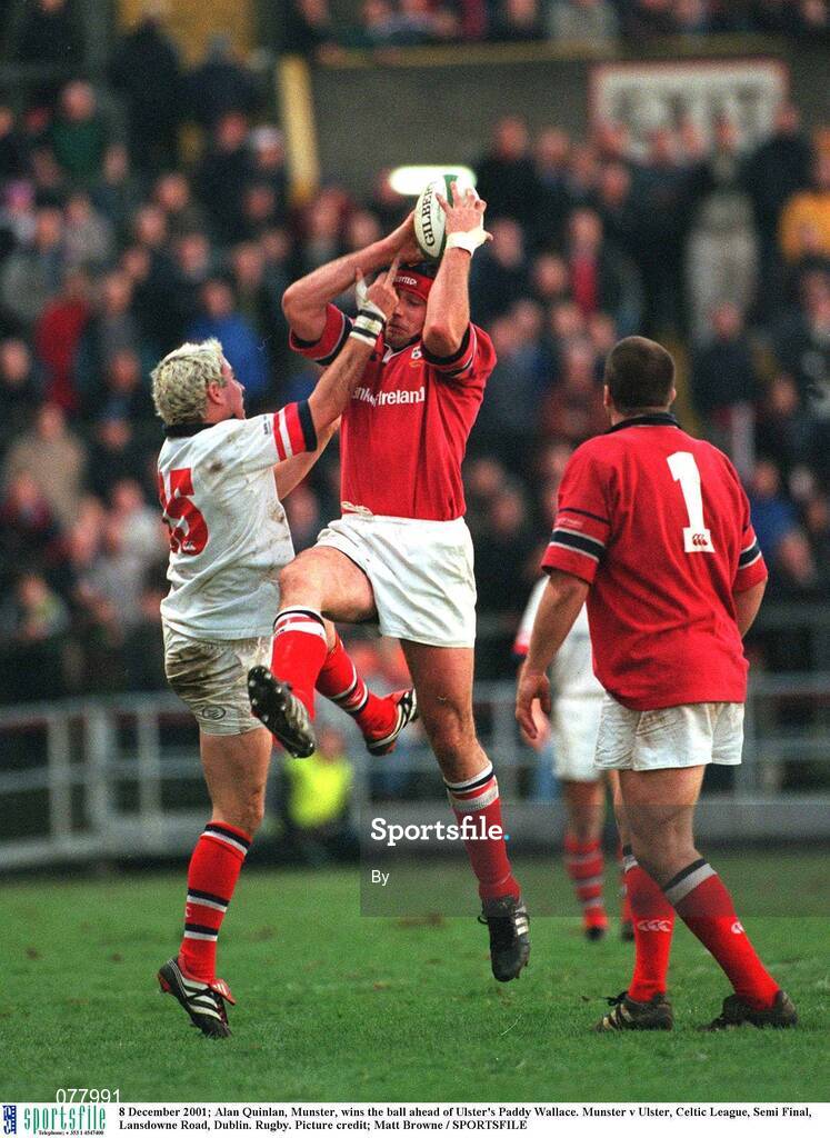 8 December 2001; Alan Quinlan, Munster, wins the ball ahead of Ulster's Paddy Wallace. Munster v Ulster, Celtic League, Semi Final, Lansdowne Road, Dublin. Rugby. Picture credit; Matt Browne / SPORTSFILE