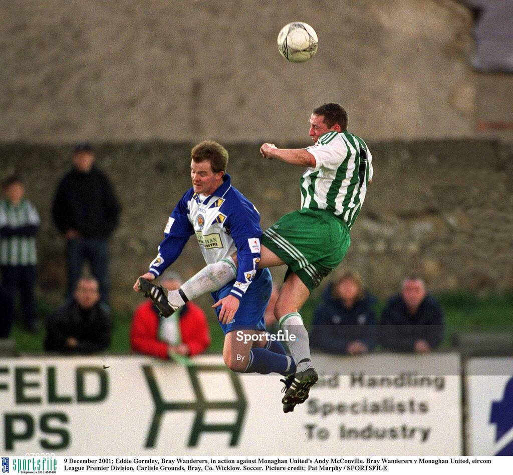 9 December 2001; Eddie Gormley, Bray Wanderers, in action against Monaghan United's Andy McConville. Bray Wanderers v Monaghan United, eircom League Premier Division, Carlisle Grounds, Bray, Co. Wicklow. Soccer. Picture credit; Pat Murphy / SPORTSFILE