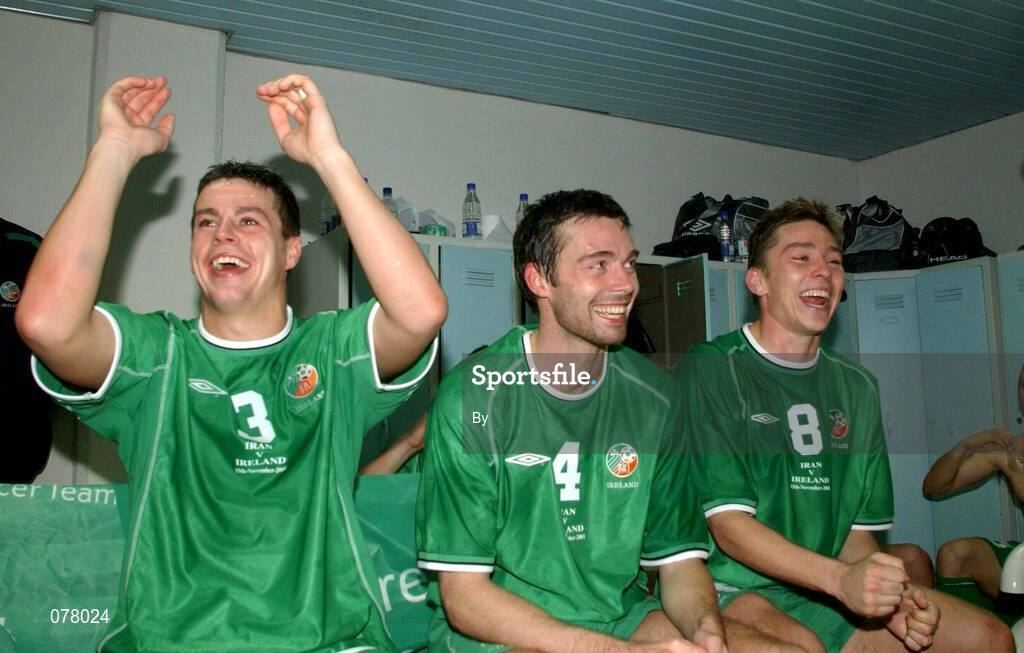 14 November 2001; Republic of Ireland players, from left, Ian Harte, Gary Breen and Matt Holland, celebrate qualification to the World Cup Finals. Iran v Republic of Ireland, World Cup Play off 2nd leg, Azadi Stadium, Tehran, Iran. Soccer. Picture credit; David Maher / SPORTSFILE *EDI*