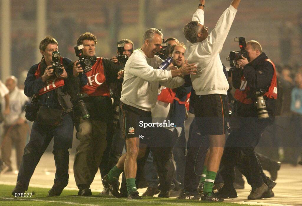 14 November 2001; Republic of Ireland manager Mick McCarthy and assistant Ian Evans celebrate qualification for the World Cup Finals. Iran v Republic of Ireland, World Cup Play off 2nd leg, Azadi Stadium, Tehran, Iran. Soccer. Picture credit; Brendan Moran / SPORTSFILE *EDI*
