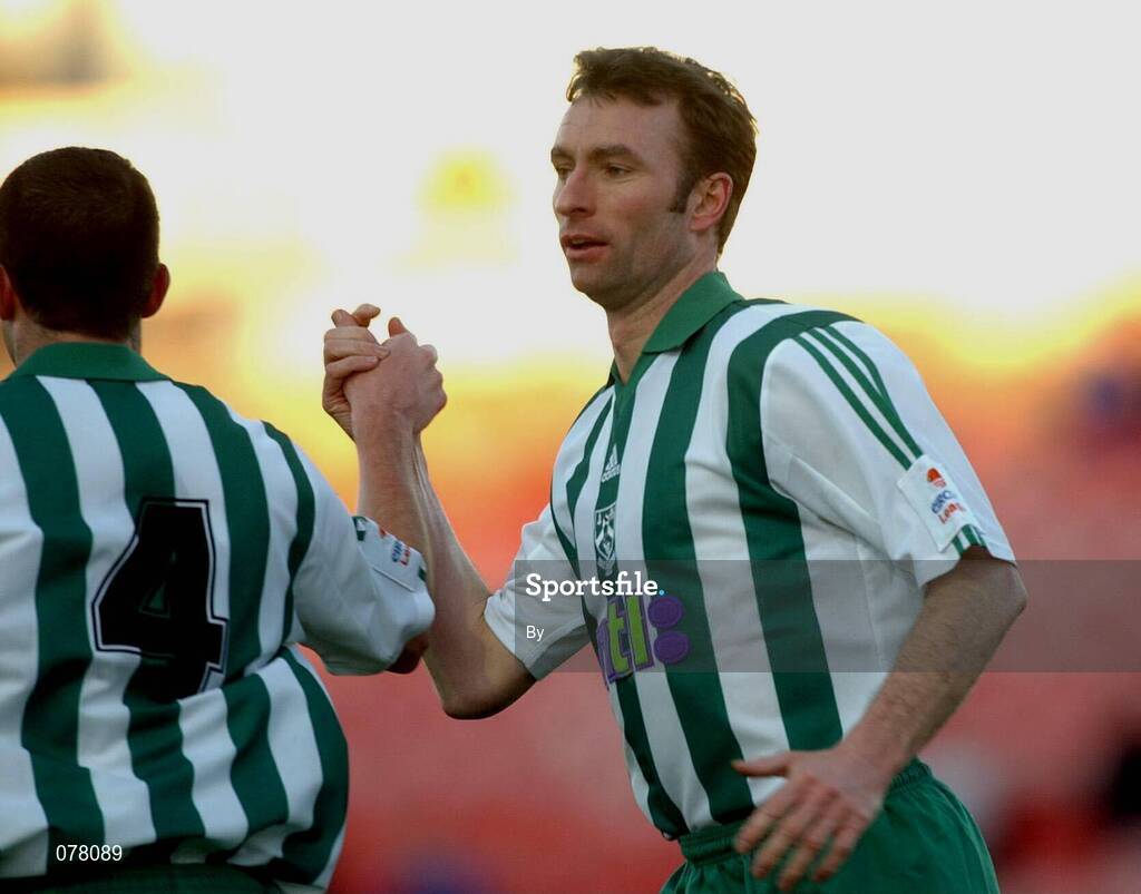 9 December 2001; Mick Doohan, right and Jody Lynch, Bray Wanderers, celebrate after Ashley White, Monaghan United had scored an own goal. eircom League Premier Division.  Bray Wanderers v Monaghan United. Carlisle Grounds, Bray, Co. Wicklow. Soccer. Picture credit; David Maher / SPORTSFILE *EDI*