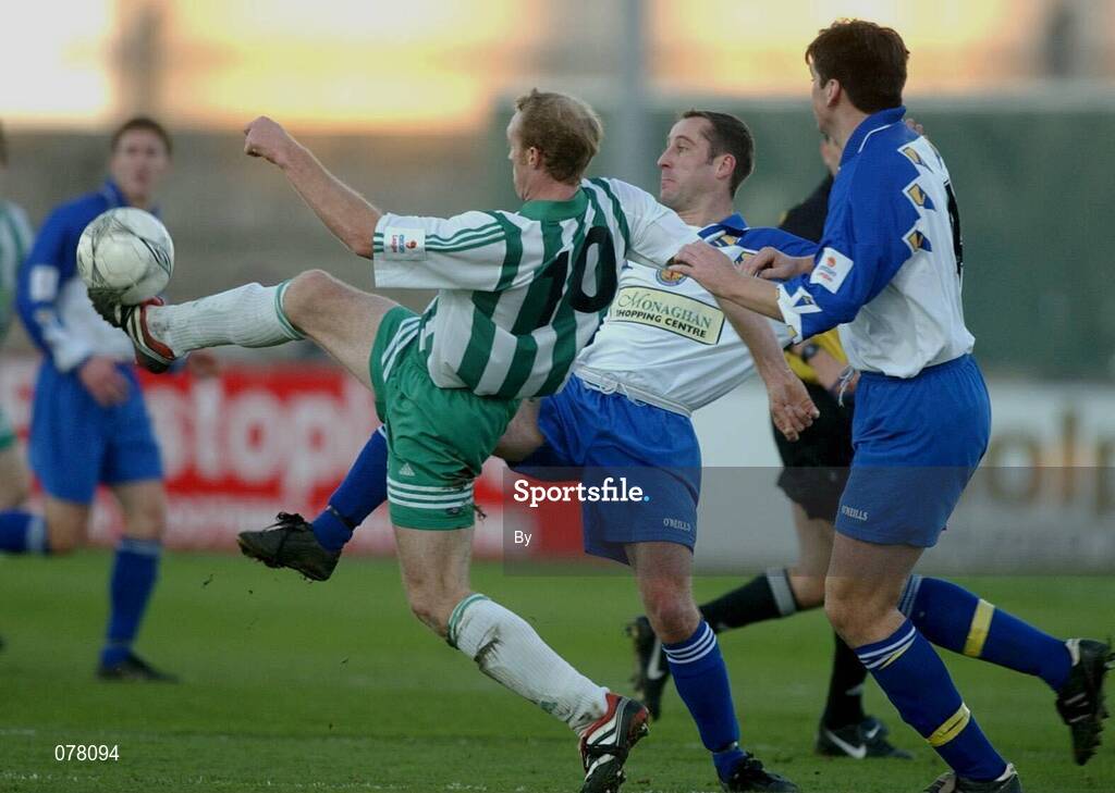 9 December 2001; Paul Keegan, Bray Wanderers, in action against Derek McGrath, Monagahan United.  eircom League Premier Division.  Bray Wanderers v Monaghan United. Carlisle Grounds, Bray, Co. Wicklow. Soccer. Picture credit; David Maher / SPORTSFILE *EDI*