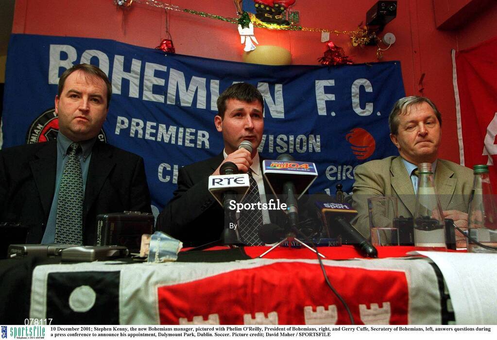 10 December 2001; Stephen Kenny, the new Bohemians manager, pictured with Phelim O'Reilly, President of Bohemians, right, and Gerry Cuffe, Secratery of Bohemians, left, answers questions during a press conference to announce his appointment, Dalymount Park, Dublin. Soccer. Picture credit; David Maher / SPORTSFILE