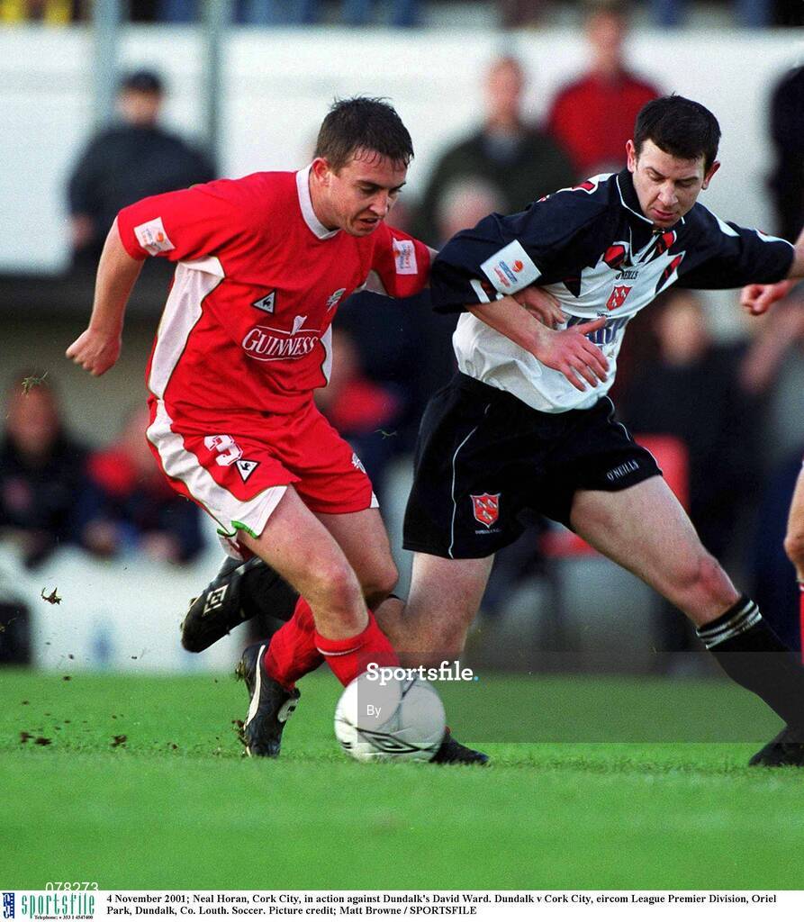 4 November 2001; Neal Horan, Cork City, in action against Dundalk's David Ward. Dundalk v Cork City, eircom League Premier Division, Oriel Park, Dundalk, Co. Louth. Soccer. Picture credit; Matt Browne / SPORTSFILE