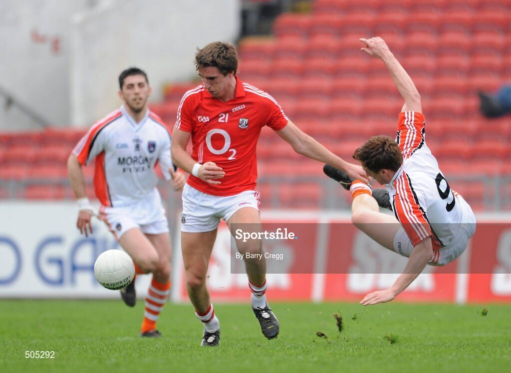10 April 2011; Aidan Walsh, Cork, fouls Charlie Vernon, Armagh while contesting for the ball. Allianz Football League, Division 1, Round 7, Cork v Armagh, Pairc Ui Chaoimh, Cork. Picture credit: Barry Cregg / SPORTSFILE