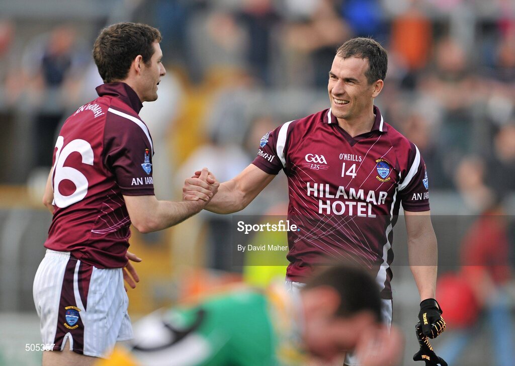 10 April 2011;  Westmeath players Dessie Dolan, right, and Fergal Wilson, celebrate at the end of the game after victory over Offaly. Allianz Football League, Division 2, Round 7, Westmeath v Offaly, Cusack Park, Mullingar, Co. Westmeath. Picture credit: David Maher / SPORTSFILE