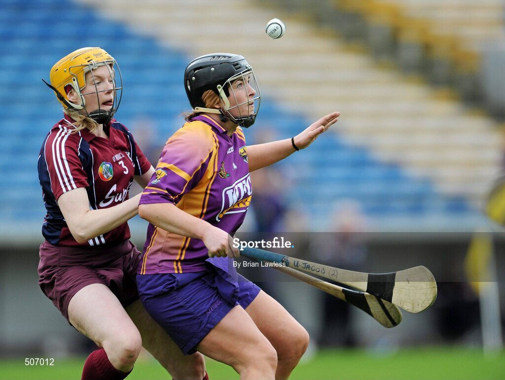 17 April 2011; Ursula Jacob, Wexford, in action against Sarah Dervan, Galway. Irish Daily Star Camogie League, Division 1, Final, Galway v Wexford, Semple Stadium, Thurles, Co. Tipperary. Picture credit: Brian Lawless / SPORTSFILE