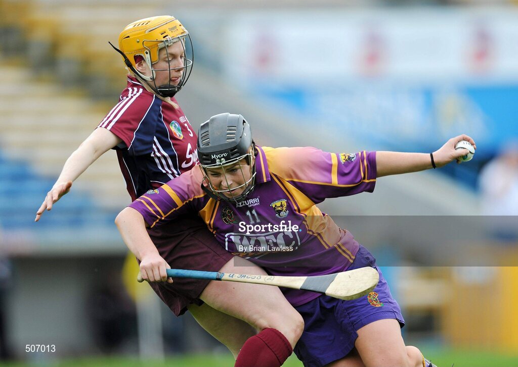 17 April 2011; Ursula Jacob, Wexford, in action against Sarah Dervan, Galway. Irish Daily Star Camogie League, Division 1, Final, Galway v Wexford, Semple Stadium, Thurles, Co. Tipperary. Picture credit: Brian Lawless / SPORTSFILE