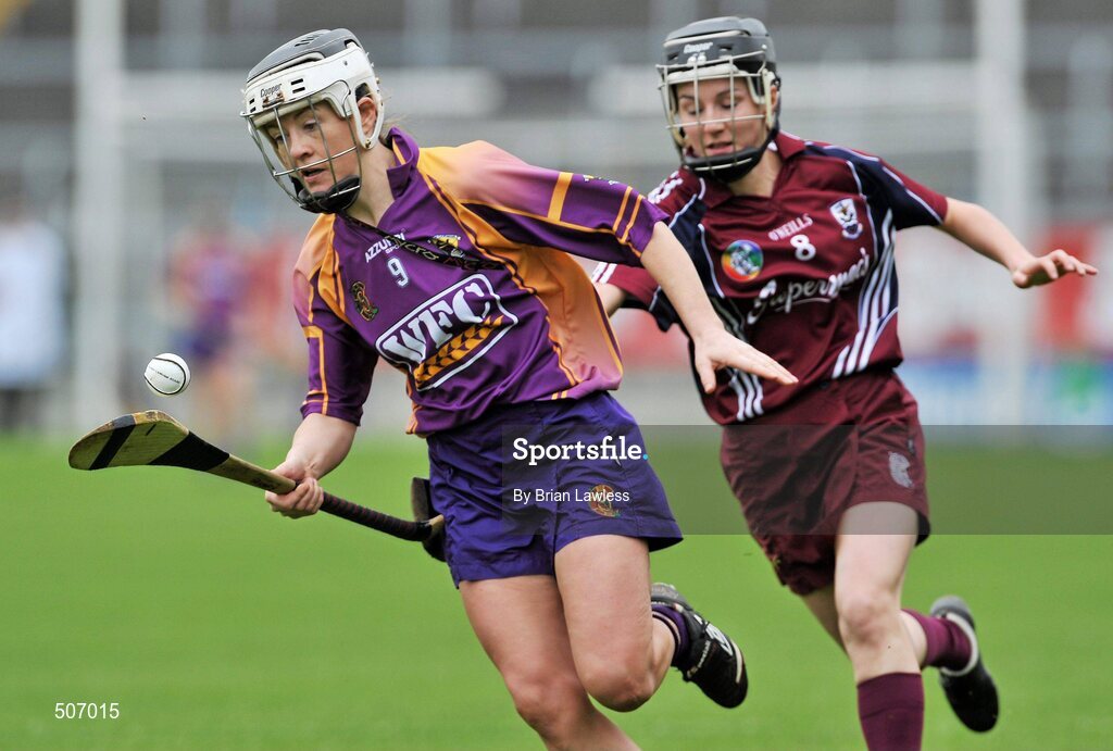 17 April 2011; Kate Kelly, Wexford, in action against Emer Haverty, Galway. Irish Daily Star Camogie League, Division 1, Final, Galway v Wexford, Semple Stadium, Thurles, Co. Tipperary. Picture credit: Brian Lawless / SPORTSFILE