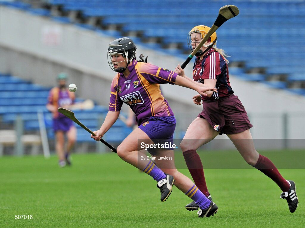 17 April 2011; Una Leacy, Wexford, in action against Sarah Dervan, Galway. Irish Daily Star Camogie League, Division 1, Final, Galway v Wexford, Semple Stadium, Thurles, Co. Tipperary. Picture credit: Brian Lawless / SPORTSFILE