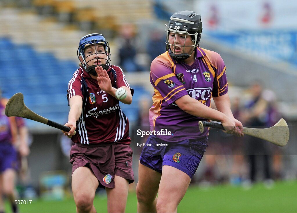 17 April 2011; Una Leacy, Wexford, in action against Niamh Kilkenny, Galway. Irish Daily Star Camogie League, Division 1, Final, Galway v Wexford, Semple Stadium, Thurles, Co. Tipperary. Picture credit: Brian Lawless / SPORTSFILE
