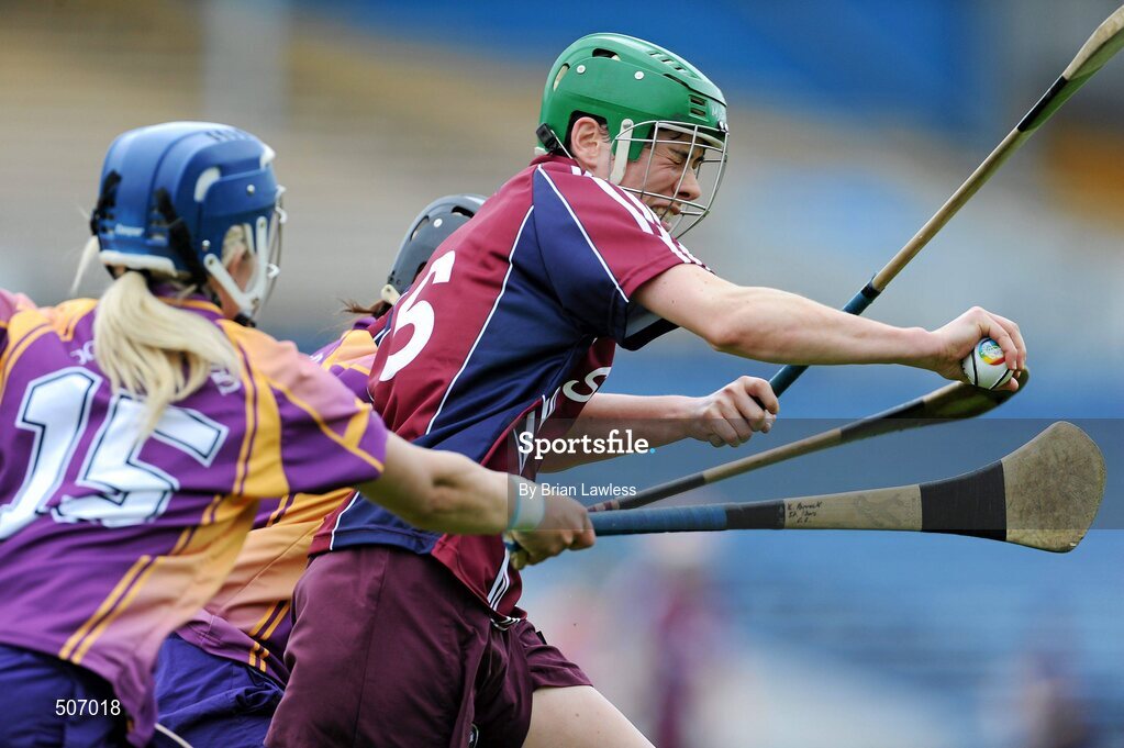 17 April 2011; Ann Marie Hayes, Galway, in action against Katrina Parrock, left, and Una Leacy, Wexford. Irish Daily Star Camogie League, Division 1, Final, Galway v Wexford, Semple Stadium, Thurles, Co. Tipperary. Picture credit: Brian Lawless / SPORTSFILE