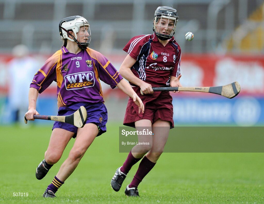 17 April 2011; Emer Haverty, Galway, in action against Kate Kelly, Wexford. Irish Daily Star Camogie League, Division 1, Final, Galway v Wexford, Semple Stadium, Thurles, Co. Tipperary. Picture credit: Brian Lawless / SPORTSFILE