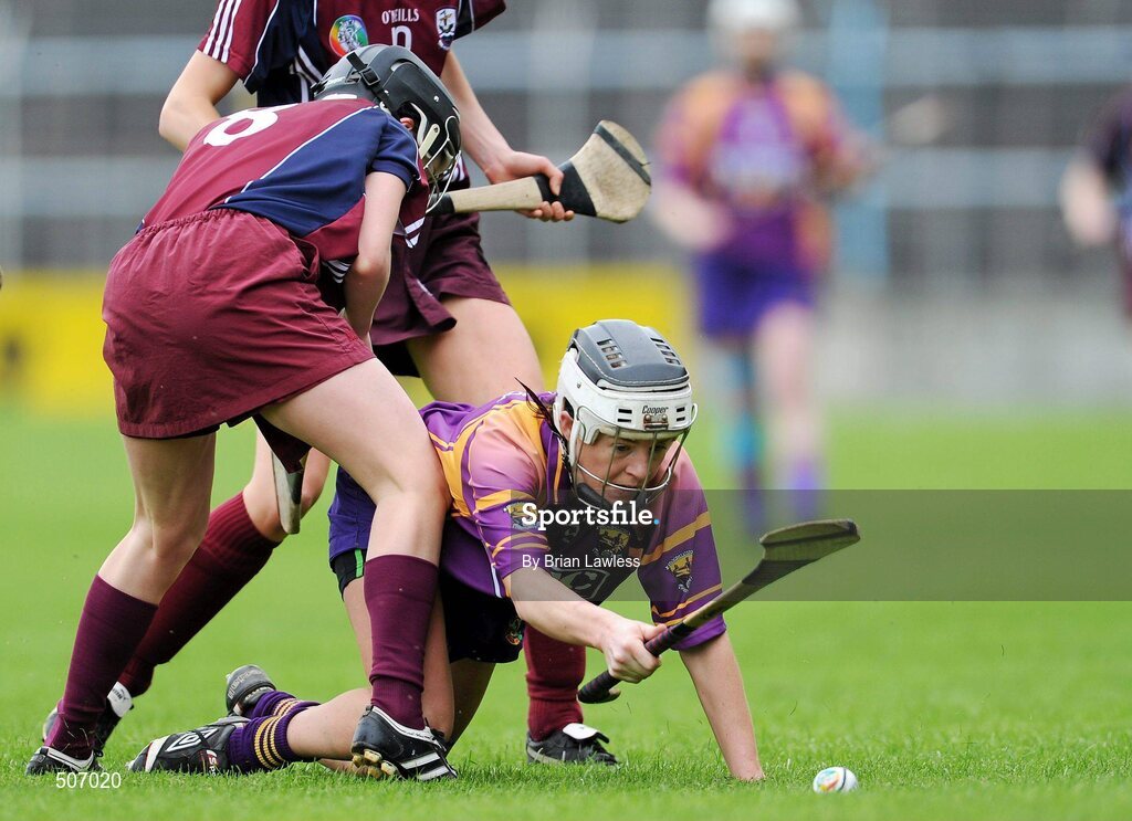 17 April 2011; Kate Kelly, Wexford, in action against Emer Haverty, Galway. Irish Daily Star Camogie League, Division 1, Final, Galway v Wexford, Semple Stadium, Thurles, Co. Tipperary. Picture credit: Brian Lawless / SPORTSFILE
