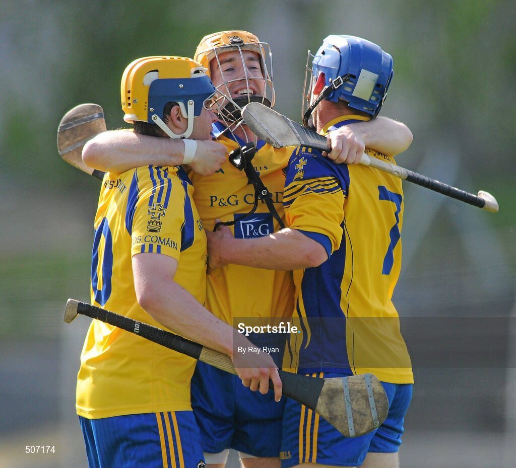 17 April 2011; Shane Curley, centre, Roscommon captain, embraces his team-mates after winning the final.  Allianz GAA Hurling Division 3B Final, Mayo v Roscommon, Carrick-on-Shannon, Leitrim. Picture credit: Ray Ryan / SPORTSFILE