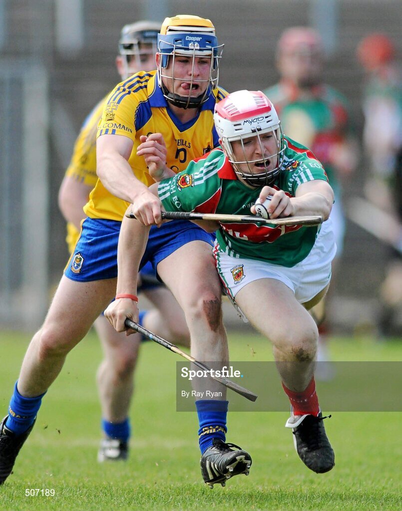 17 April 2011; Derek McConn, Mayo, in action against Peter Kellehan, Roscommon.  Allianz GAA Hurling Division 3B Final, Mayo v Roscommon, Carrick-on-Shannon, Leitrim. Picture credit: Ray Ryan / SPORTSFILE