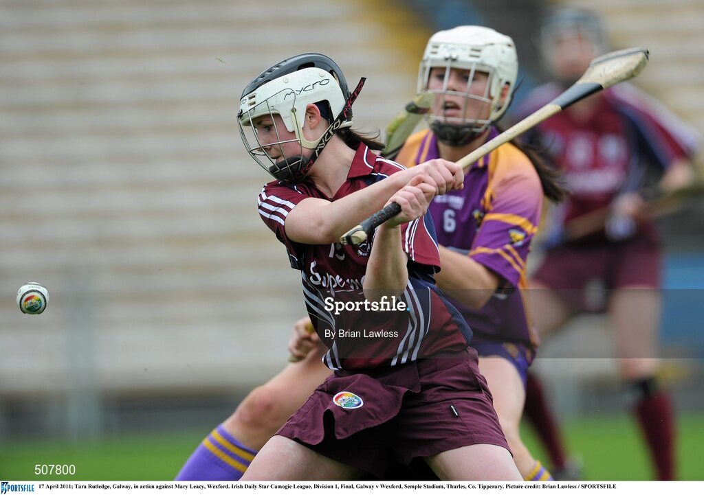 17 April 2011; Tara Rutledge, Galway, in action against Mary Leacy, Wexford. Irish Daily Star Camogie League, Division 1, Final, Galway v Wexford, Semple Stadium, Thurles, Co. Tipperary. Picture credit: Brian Lawless / SPORTSFILE