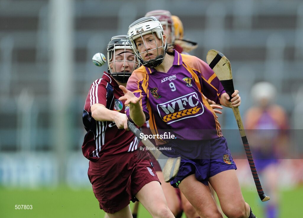 17 April 2011; Kate Kelly, Wexford, in action against Emer Haverty, Galway. Irish Daily Star Camogie League, Division 1, Final, Galway v Wexford, Semple Stadium, Thurles, Co. Tipperary. Picture credit: Brian Lawless / SPORTSFILE