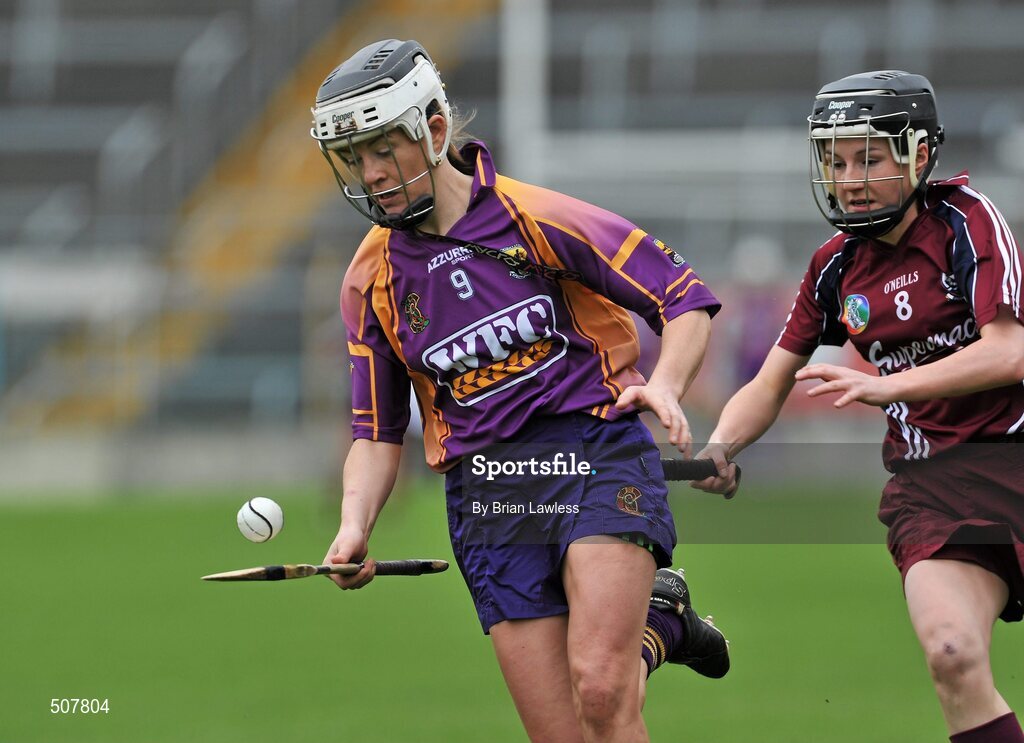 17 April 2011; Kate Kelly, Wexford, in action against Emer Haverty, Galway. Irish Daily Star Camogie League, Division 1, Final, Galway v Wexford, Semple Stadium, Thurles, Co. Tipperary. Picture credit: Brian Lawless / SPORTSFILE