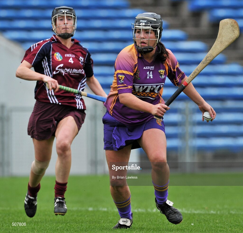 17 April 2011; Una Leacy, Wexford, in action against Sinead Cahalan, Galway. Irish Daily Star Camogie League, Division 1, Final, Galway v Wexford, Semple Stadium, Thurles, Co. Tipperary. Picture credit: Brian Lawless / SPORTSFILE