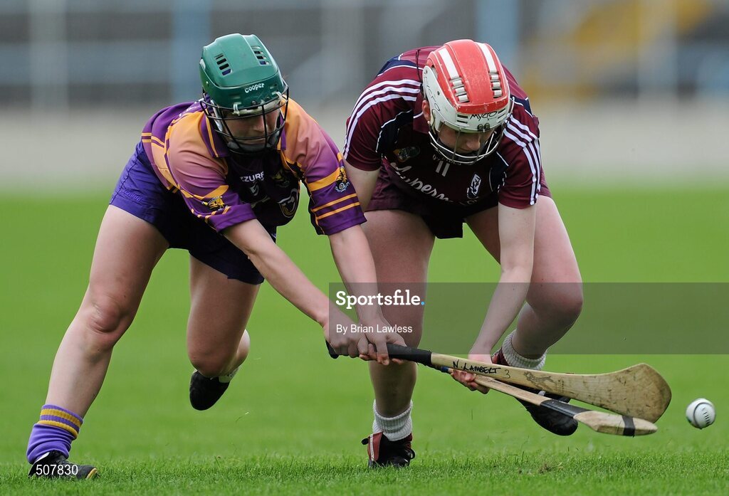 17 April 2011; Niamh McGrath, Galway, in action against Noeleen Lambert, Wexford. Irish Daily Star Camogie League, Division 1, Final, Galway v Wexford, Semple Stadium, Thurles, Co. Tipperary. Picture credit: Brian Lawless / SPORTSFILE